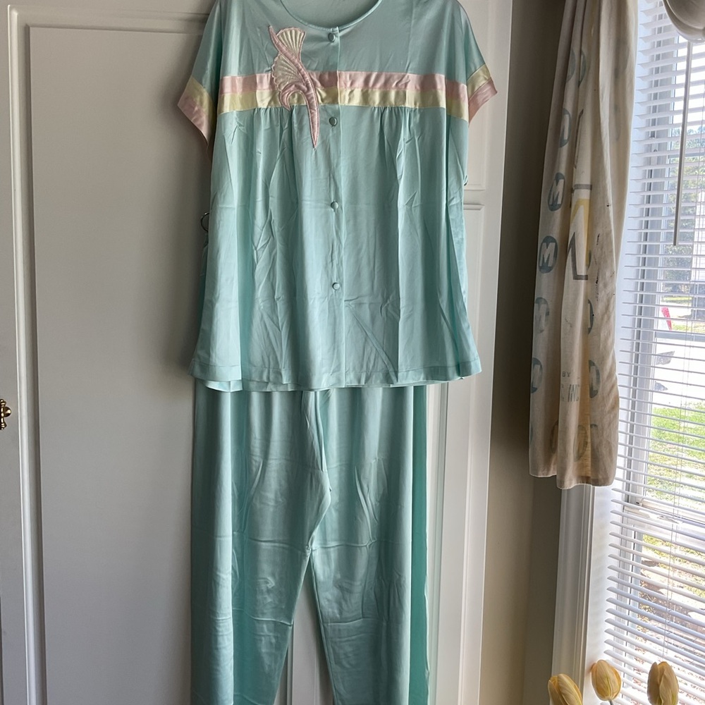 Vintage Vanity Fair Mint Green Two-Piece Pajama Set with Pink and Cream Trim